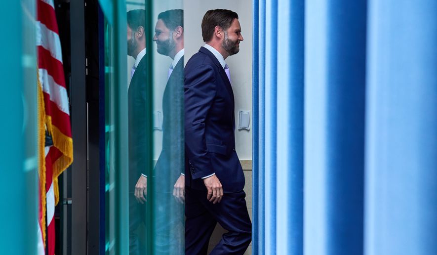 Vice President JD Vance leaves after speaking to reporters in the James Brady Press Briefing Room at the White House, Tuesday, May 19, 2026, in Washington. (AP Photo/Jacquelyn Martin)