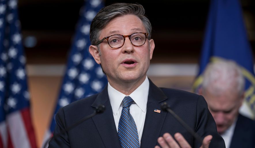 Speaker of the House Mike Johnson, R-La., and House GOP leaders hold a news conference after primary elections that affirmed President Donald Trump's dominance of the Republican Party, at the Capitol in Washington, Wednesday, May 20, 2026. (AP Photo/J. Scott Applewhite)