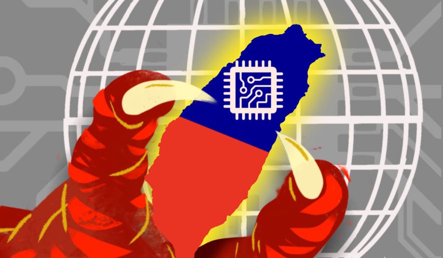 China and Taiwan's computer microchip production and the Artificial Intelligence (AI) revolution illustration by Linas Garsys / The Washington Times