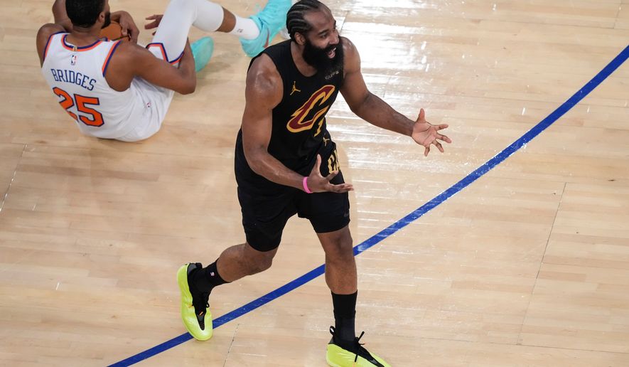 Cleveland Cavaliers guard James Harden (1) reacts after giving a foul to New York Knicks guard Mikal Bridges (25) during the second half of Game 1 in the Eastern Conference finals NBA basketball playoffs series Tuesday, May 19, 2026, in New York. (AP Photo/Yuki Iwamura)