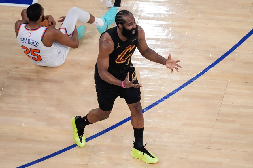 Cleveland Cavaliers guard James Harden (1) reacts after giving a foul to New York Knicks guard Mikal Bridges (25) during the second half of Game 1 in the Eastern Conference finals NBA basketball playoffs series Tuesday, May 19, 2026, in New York. (AP Photo/Yuki Iwamura)
