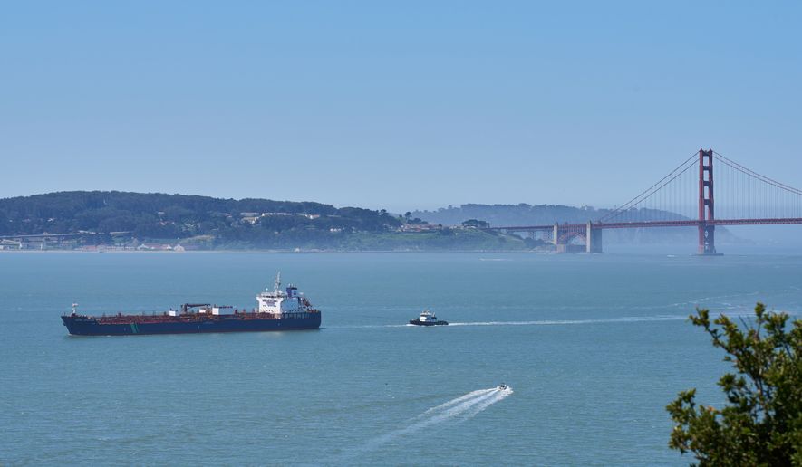 A tanker and other vessels pass through the San Francisco Bay, Tuesday, May 19, 2026. (AP Photo/Annika Hammerschlag)