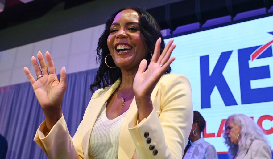 Gubernatorial candidate Keisha Lance Bottoms waves to supporters after winning the democratic nomination during her election night watch party Tuesday, May 19, 2026, in Atlanta. (Natrice Miller/Atlanta Journal-Constitution via AP)