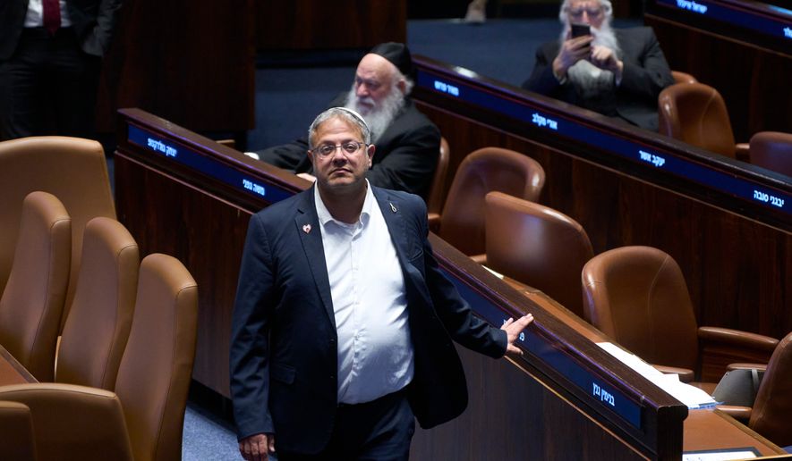 Israel's Minister of National Security, Itamar Ben-Gvir in the Israeli parliament, during a session considering a bill to dissolve the government in Jerusalem,Wednesday, May 20,2026. (AP Photo/Ohad Zwigenberg)