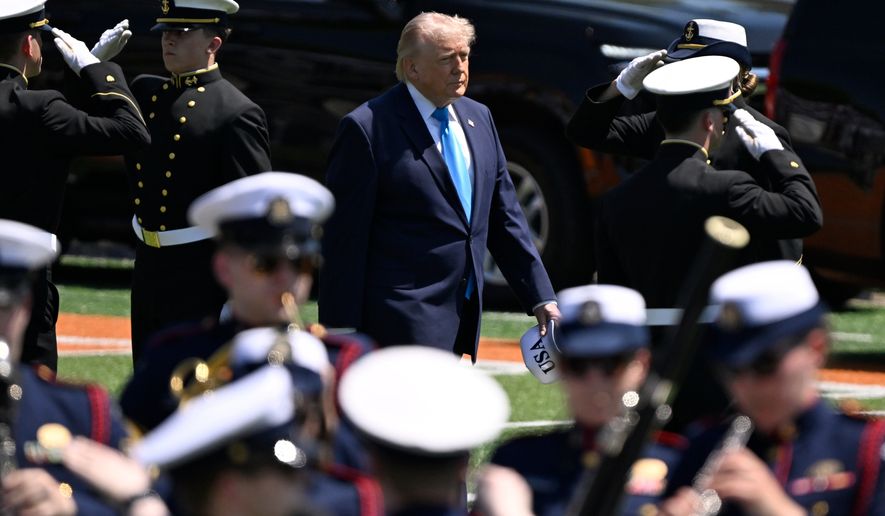President Donald Trump arrives for the commencement address at the U.S. Coast Guard Academy in New London, Conn., Wednesday, May 20, 2026. (AP Photo/Jessica Hill)