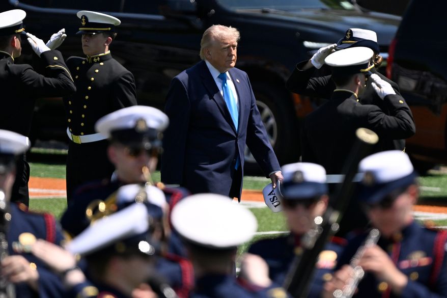 President Donald Trump arrives for the commencement address at the U.S. Coast Guard Academy in New London, Conn., Wednesday, May 20, 2026. (AP Photo/Jessica Hill)