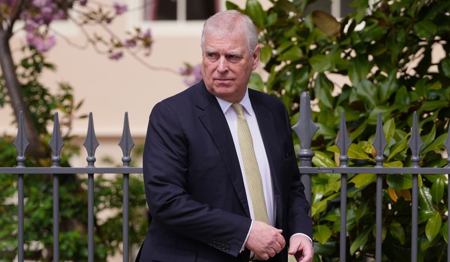 Britain's Andrew Mountbatten-Windsor, formerly known as Prince Andrew, looks around as he leaves after attending the Easter Matins Service at St. George's Chapel, Windsor Castle, England, April 20, 2025. (AP Photo/Kirsty Wigglesworth, File)