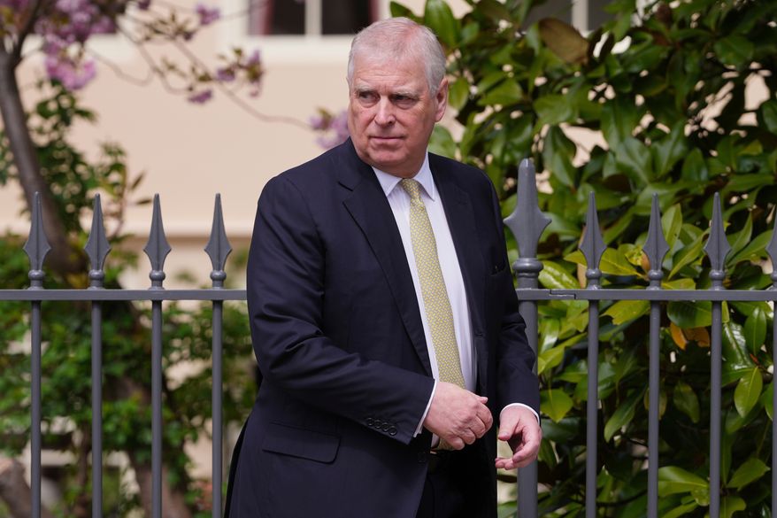 Britain's Andrew Mountbatten-Windsor, formerly known as Prince Andrew, looks around as he leaves after attending the Easter Matins Service at St. George's Chapel, Windsor Castle, England, April 20, 2025. (AP Photo/Kirsty Wigglesworth, File)