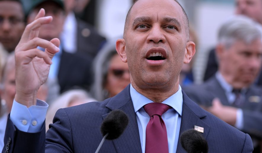 House Minority Leader Hakeem Jeffries, D-N.Y., speaks during a news conference on Capitol Hill in Washington on Thursday, May 21, 2026. (AP Photo/Mariam Zuhaib) **FILE**