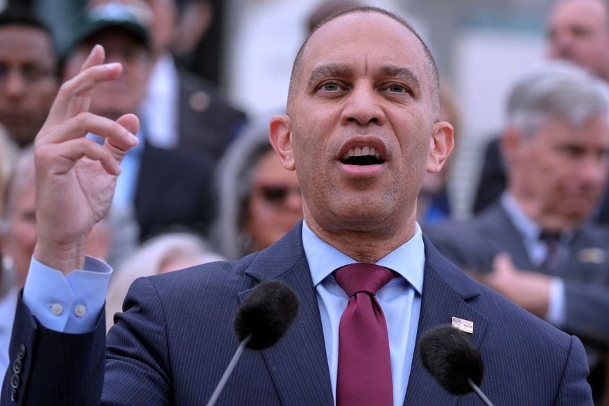 House Minority Leader Hakeem Jeffries, D-N.Y., speaks during a news conference on Capitol Hill in Washington on Thursday, May 21, 2026. (AP Photo/Mariam Zuhaib) **FILE**