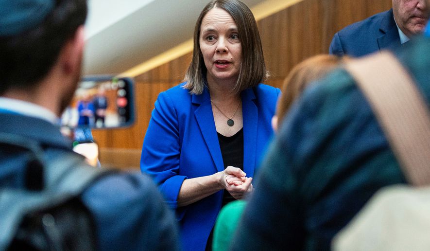 FILE - Maine Secretary of State Shenna Bellows speaks with reporters during the National Associate of Secretaries of State Conference in Washington, Jan. 30, 2026. (AP Photo/Cliff Owen, File)