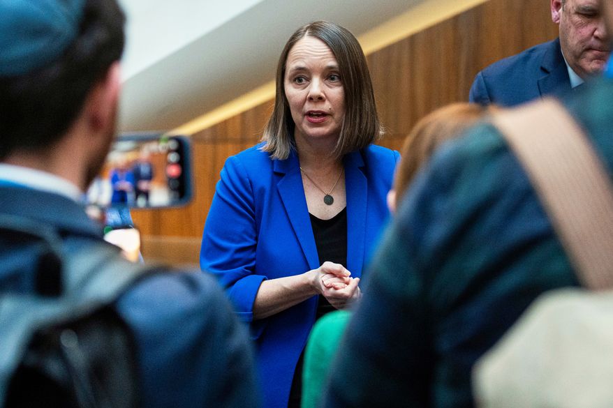 FILE - Maine Secretary of State Shenna Bellows speaks with reporters during the National Associate of Secretaries of State Conference in Washington, Jan. 30, 2026. (AP Photo/Cliff Owen, File)