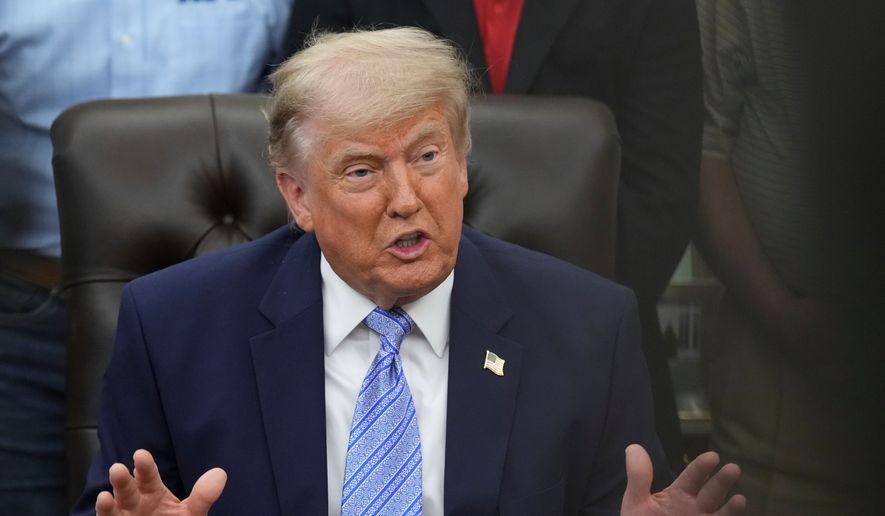 President Donald Trump speaks during an event in the Oval Office at the White House, Thursday, May 21, 2026, in Washington. (AP Photo/Jacquelyn Martin)