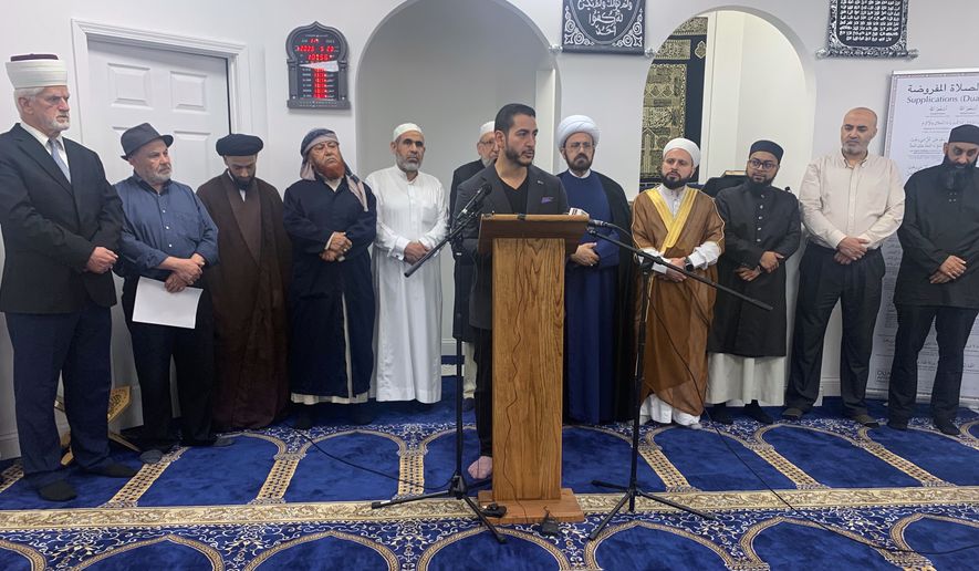 Abdul El-Sayed, a Democratic candidate for the U.S. Senate from Michigan, speaks at a news conference hosted by the Imams Council of Michigan at the Dawah Institute mosque Wednesday, May 20, 2026, in Detroit. (AP Photo/Mike Householder)