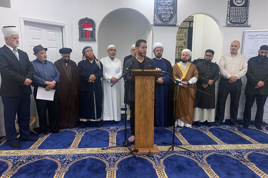 Abdul El-Sayed, a Democratic candidate for the U.S. Senate from Michigan, speaks at a news conference hosted by the Imams Council of Michigan at the Dawah Institute mosque Wednesday, May 20, 2026, in Detroit. (AP Photo/Mike Householder)