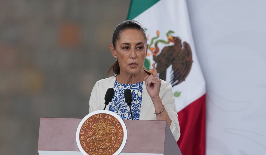 Mexican President Claudia Sheinbaum speaks during a meeting with business leaders in Mexico City, Monday, May 4, 2026. (AP Photo/Fernando Llano) ** FILE **
