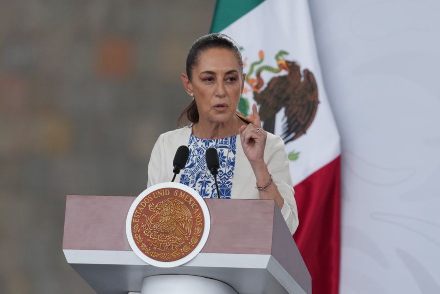 Mexican President Claudia Sheinbaum speaks during a meeting with business leaders in Mexico City, Monday, May 4, 2026. (AP Photo/Fernando Llano) ** FILE **