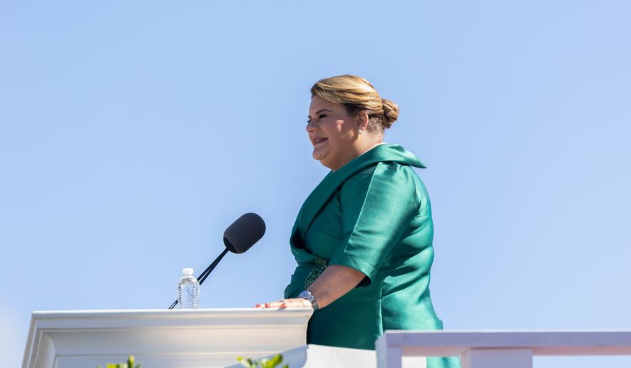FILE - Jenniffer Gonzalez speaks after she was sworn in as governor outside the Capitol in San Juan, Puerto Rico, Jan. 2, 2025. (AP Photo/Alejandro Granadillo, File)