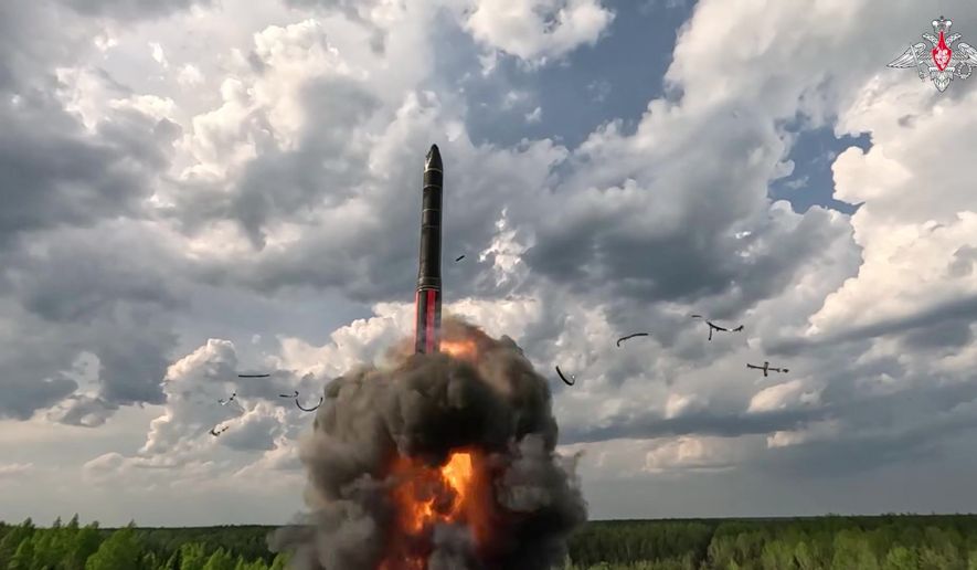 In this image made from video provided by the Russian Defense Ministry Press Service on Thursday, May 21, 2026, a Yars intercontinental ballistic missile is test-fired during drills of Russia's nuclear forces. (Russian Defense Ministry Press Service via AP) ** FILE **