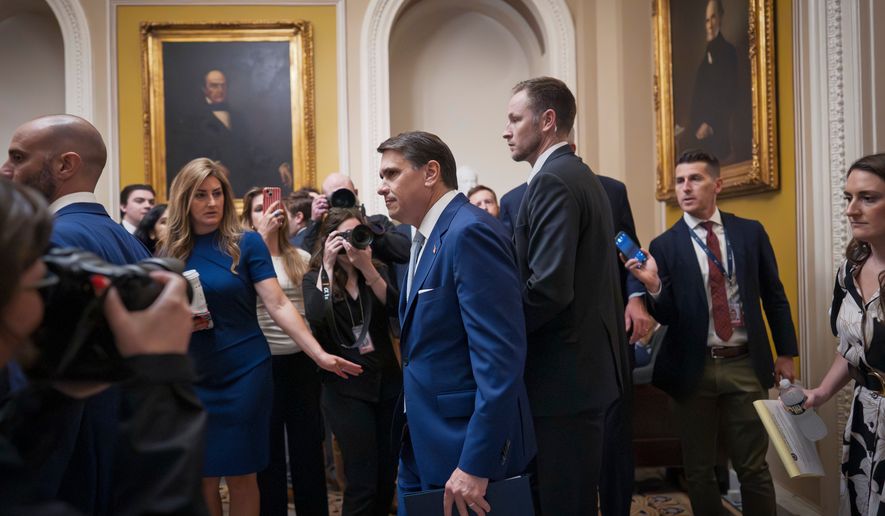 Acting Attorney General Todd Blanche arrives for a closed-door meeting with Republican senators who are expected to abandon a proposal for $1 billion in security money for the White House complex and President Donald Trump's ballroom after it has failed to win enough party support, at the Capitol in Washington, Thursday, May 21, 2026. (AP Photo/J. Scott Applewhite)