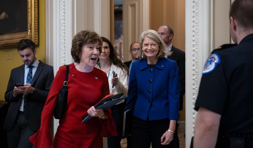 Senate Appropriations Committee Chair Susan Collins, R-Maine, left, and Sen. Lisa Murkowski, R-Alaska, arrive for a closed-door meeting with fellow Republican senators at the Capitol in Washington, Thursday, May 21, 2026. (AP Photo/J. Scott Applewhite) ** FILE **