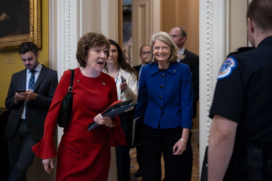 Senate Appropriations Committee Chair Susan Collins, R-Maine, left, and Sen. Lisa Murkowski, R-Alaska, arrive for a closed-door meeting with fellow Republican senators at the Capitol in Washington, Thursday, May 21, 2026. (AP Photo/J. Scott Applewhite) ** FILE **
