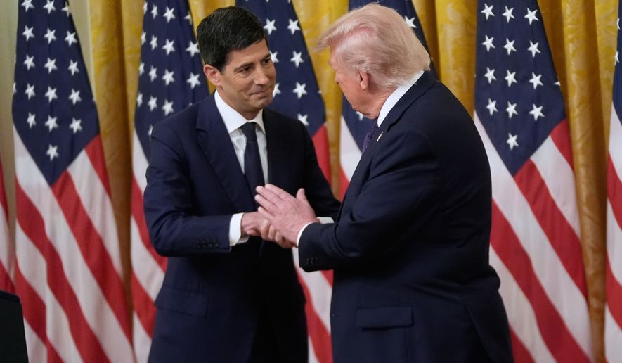President Donald Trump speaks with Kevin Warsh, after being sworn in as Chairman of the Federal Reserve in the East Room of the White House, Friday, May 22, 2026, in Washington. (AP Photo/Manuel Balce Ceneta)