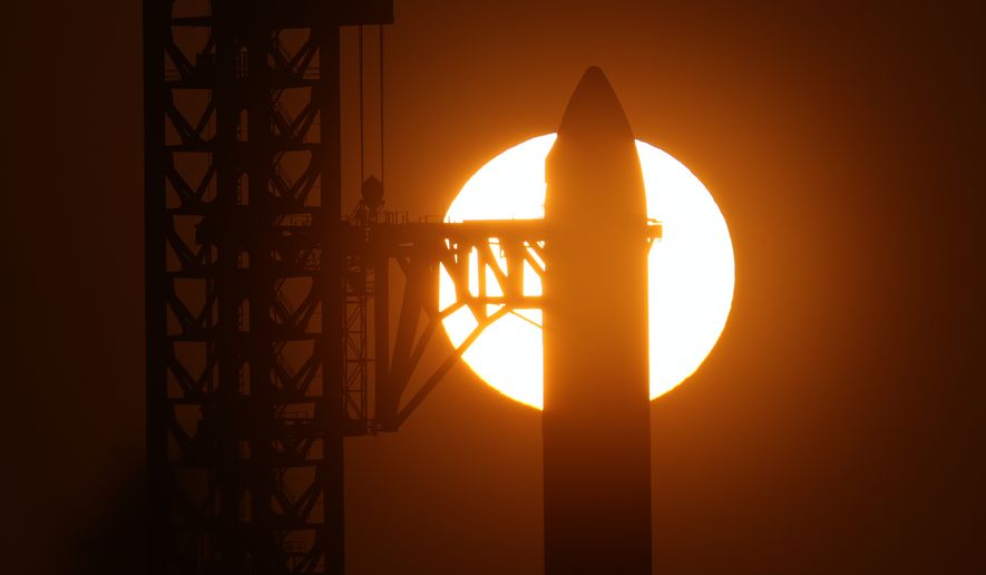 The sun rises behind SpaceX's mega rocket Starship as it is prepared for a test flight from Starbase, Texas, Friday, May 22, 2026. (AP Photo/Eric Gay)