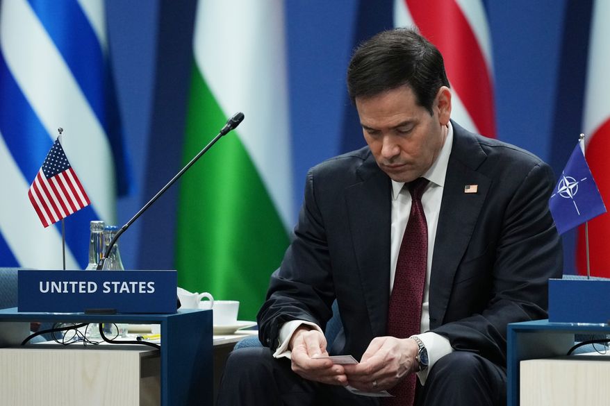 U.S. Secretary of State Marco Rubio attends a meeting of the North Atlantic Council in NATO foreign ministers format in Helsingborg, Sweden, Friday, May 22, 2026. (AP Photo/Julia Demaree Nikhinson, Pool)