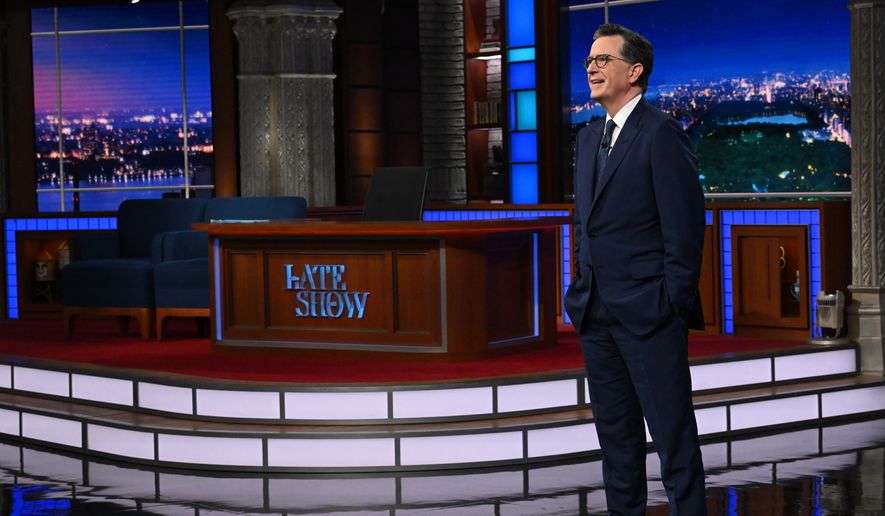 This image released by CBS shows host Stephen Colbert during the final episode of "The Late Show with Stephen Colbert" in New York on Thursday, May 21, 2026. (Scott Kowalchyk/CBS via AP)
