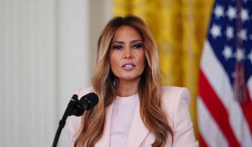 First lady Melania Trump speaks during an event for military mothers in the East Room of the White House, Wednesday, May 6, 2026, in Washington. (AP Photo/Julia Demaree Nikhinson) ** FILE **