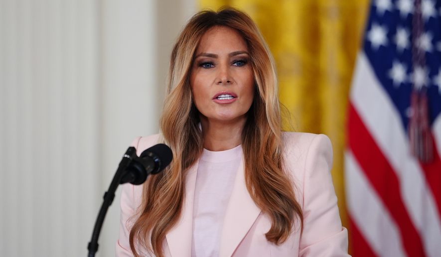 First lady Melania Trump speaks during an event for military mothers in the East Room of the White House, Wednesday, May 6, 2026, in Washington. (AP Photo/Julia Demaree Nikhinson)