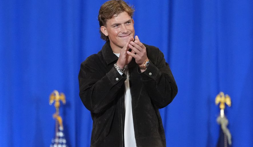 New York Giants quarterback Jaxson Dart arrives to introduce President Donald Trump at Rockland Community College, Friday, May 22, 2026, in Suffern, N.Y. (AP Photo/Alex Brandon)