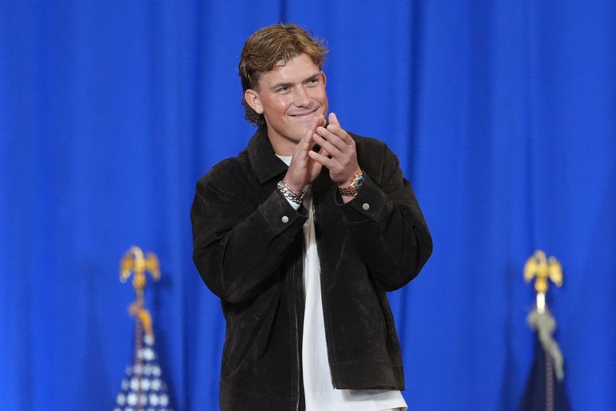 New York Giants quarterback Jaxson Dart arrives to introduce President Donald Trump at Rockland Community College, Friday, May 22, 2026, in Suffern, N.Y. (AP Photo/Alex Brandon)
