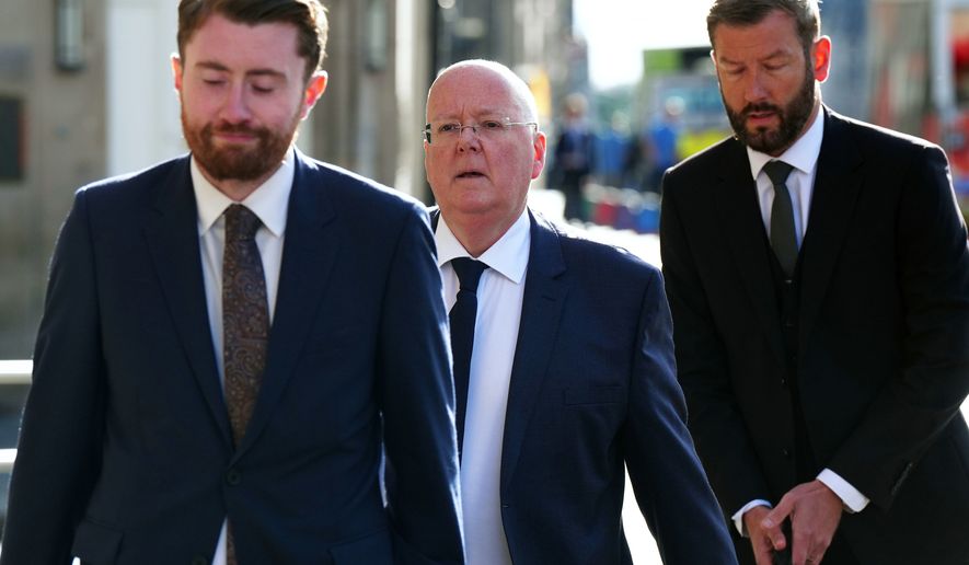 Former SNP chief executive Peter Murrell, center arrives at Edinburgh High Court, in Edinburgh, Scotland, Monday May 25, 2026. ( Jane Barlow/PA via AP)