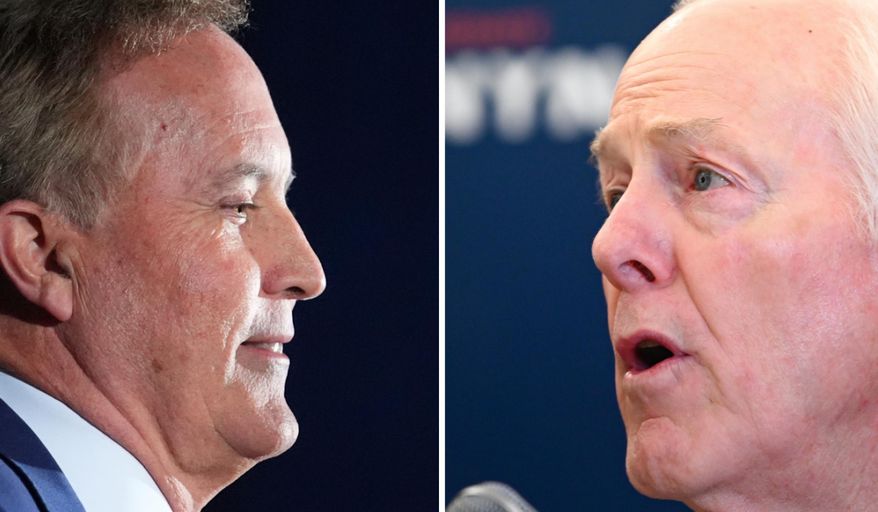 This photo combination shows Texas Attorney General Ken Paxton, left, in Dallas and Sen. John Cornyn, R-Texas, in Austin, Texas, both on March 3, 2026. (AP Photo/Julio Cortez, Jack Myer) ** FILE **