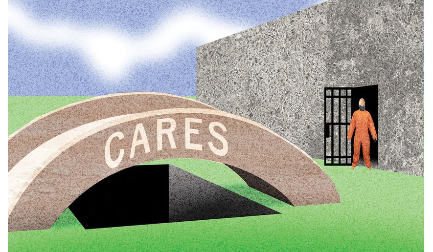 Bureau of Prisons (BOP) and the prisoner CARES Act illustration by Alexander Hunter/The Washington Times