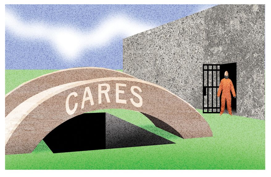 Bureau of Prisons (BOP) and the prisoner CARES Act illustration by Alexander Hunter/The Washington Times