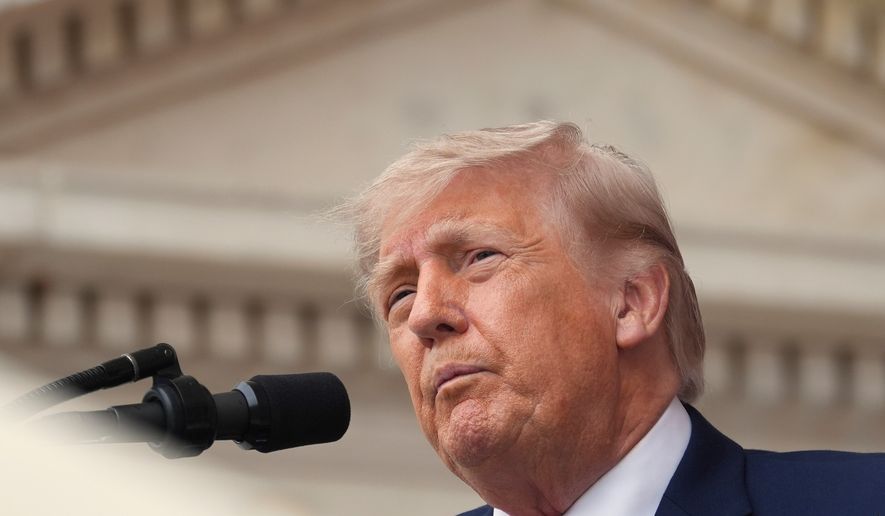 President Donald Trump speaks during the 158th National Memorial Day Observance coinciding with the nation's 250th anniversary, at the Memorial Amphitheater in Arlington National Cemetery, Monday, May 25, 2026, in Arlington, Va. (AP Photo/Alex Brandon)