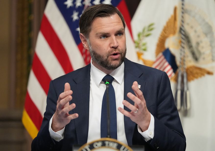Vice President JD Vance speaks in the Eisenhower Executive Office Building at the White House complex, Tuesday, May 26, 2026, in Washington. (AP Photo/Mark Schiefelbein)