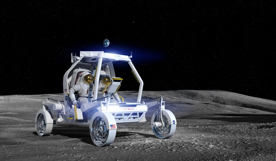This rendering shows Astrolab’s CLV-1 rover on the lunar surface. NASA selected Astrolab as one of two providers of a crewed lunar rover for the Artemis program. Credit: Astrolab