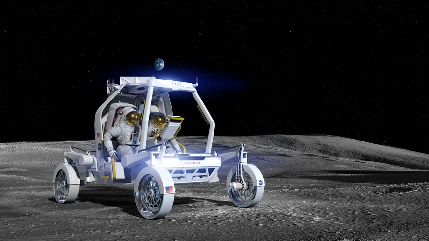 This rendering shows Astrolab’s CLV-1 rover on the lunar surface. NASA selected Astrolab as one of two providers of a crewed lunar rover for the Artemis program. Credit: Astrolab