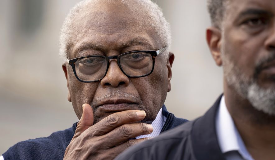 Rep. Jim Clyburn, D-S.C., center, stands with members of the Congressional Black Caucus during an event outside the Capitol in Washington, Tuesday, May 19, 2026. (AP Photo/J. Scott Applewhite)