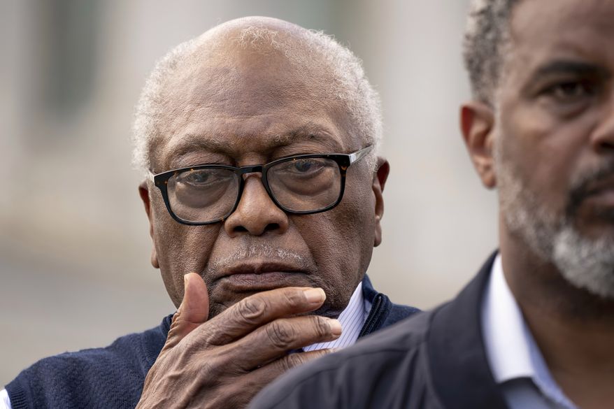 Rep. Jim Clyburn, D-S.C., center, stands with members of the Congressional Black Caucus during an event outside the Capitol in Washington, Tuesday, May 19, 2026. (AP Photo/J. Scott Applewhite)