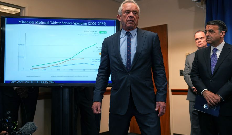 Health and Human Services Secretary Robert F. Kennedy Jr. speaks as US. Attorney Daniel Rosen listens, at right, during a press conference Thursday, May 21, 2026, in Minneapolis. (AP Photo/Glen Stubbe)