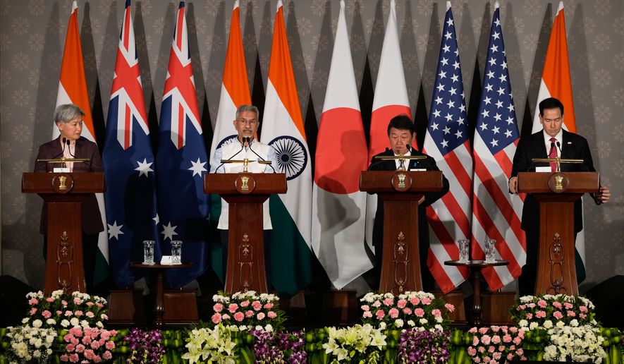 India's External Affairs Minister S. Jaishankar, second left, speaks as Australian Foreign Minister Penny Wong, left, Japanese Foreign Minister Toshimitsu Motegi, second right, and U.S. Secretary of State Marco Rubio listen following a Quad ministerial meeting at Hyderabad House in New Delhi, India, Tuesday, May 26, 2026. (AP Photo/Manish Swarup)