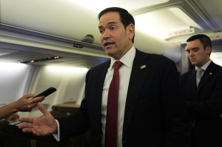 U.S. Secretary of State Marco Rubio speaks to reporters on board his plane at Jaipur International Airport in Jaipur, India, Tuesday, May 26, 2026. (AP Photo/Julia Demaree Nikhinson, Pool)