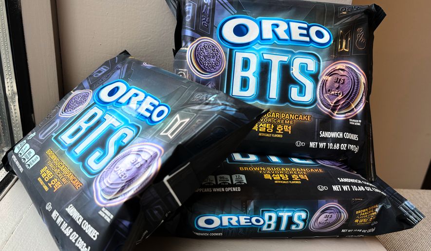 The new Oreo and BTS collaboration cookies are seen Monday, May 25, 2026, in New York. (AP Photo/Sydney Schaefer)