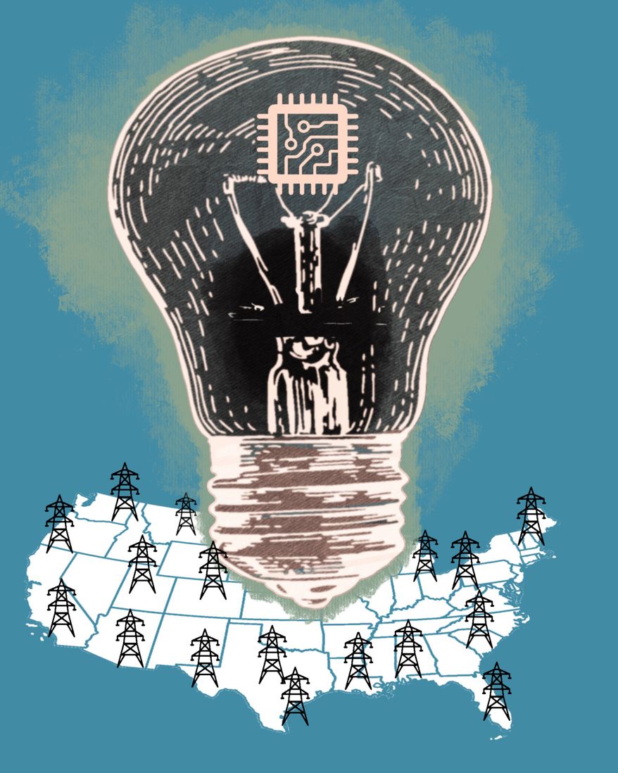 Artificial Intelligence (AI) data centers and the United States of America 's power grid illustration by Linas Garsys / The Washington Times