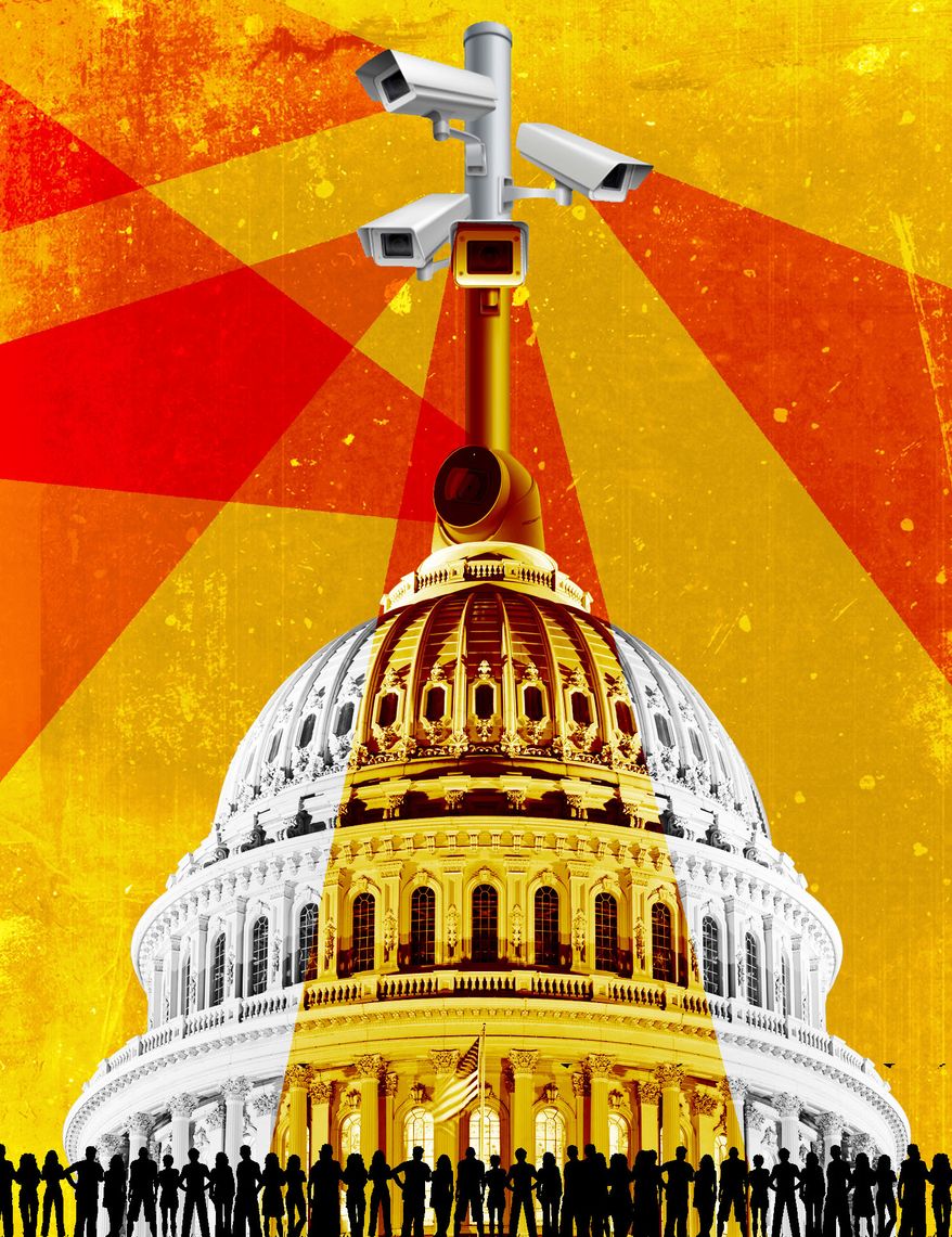 Government warrantless surveillance against American citizens and the Fourth Amendment illustration by Linas Garsys / The Washington Times